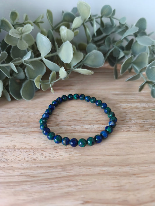 Bracelet Azurite Malachite 6mm, pierres naturelles polies Collection Pierre d’Exception, bijou bleu et vert pour concentration et équilibre.