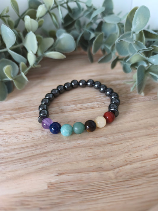 Bracelet 7 Chakras 8 mm avec Hématite – équilibre, protection et énergie – Collection 7 Chakras